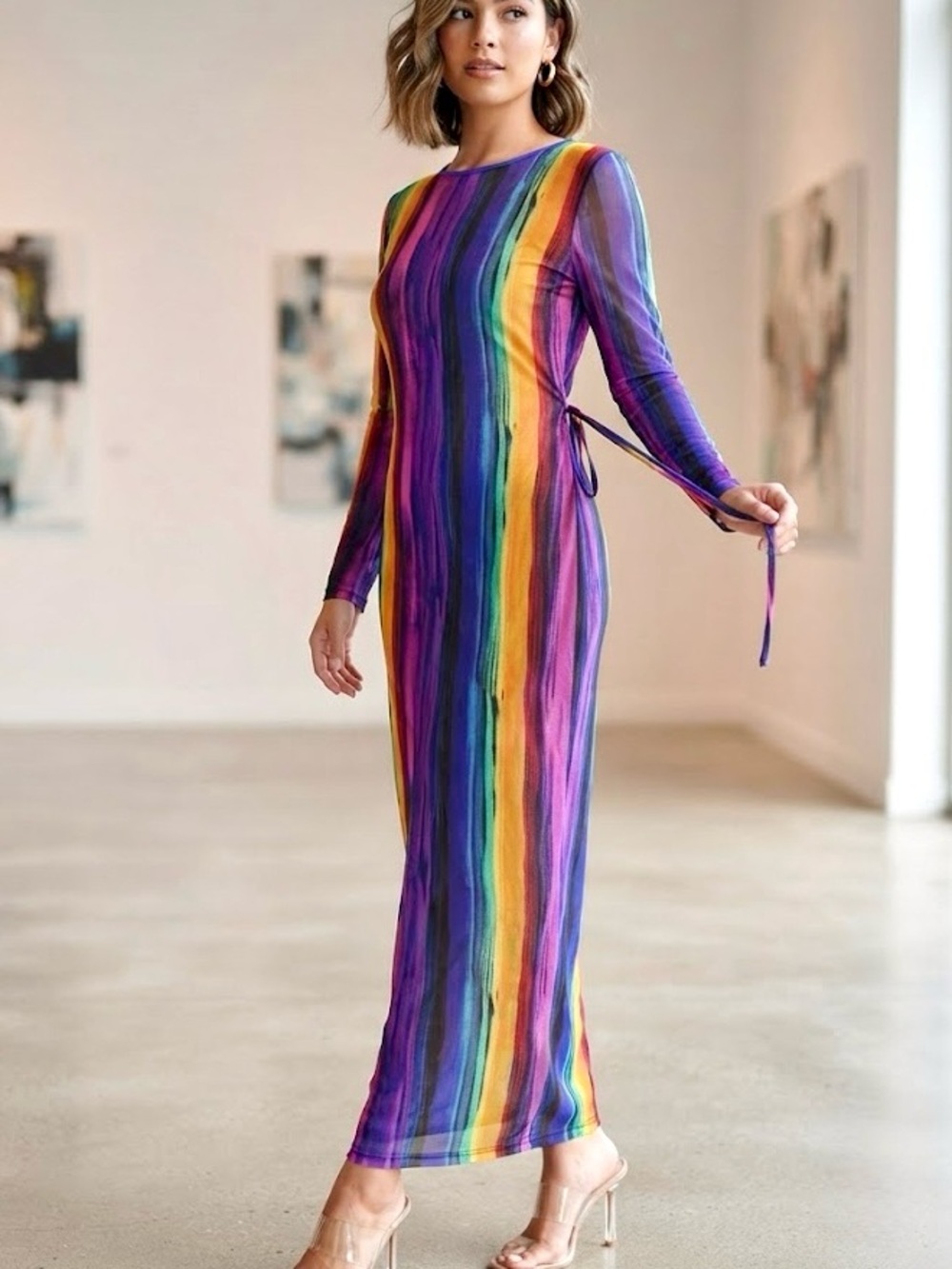 NYG Multi-Color Striped Mesh Mid Sleeve Maxi Dress Rainbow Festival Y2K Party L